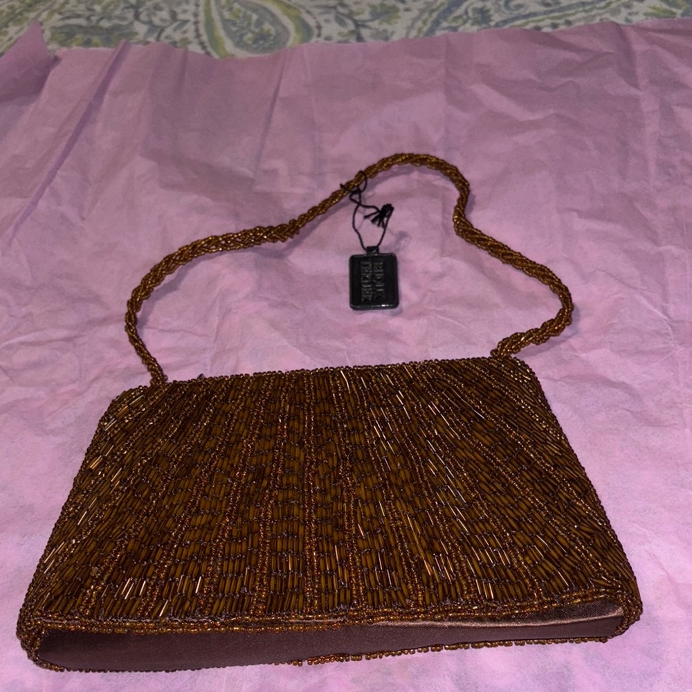 Brown Beaded Clutch with Chain Strap